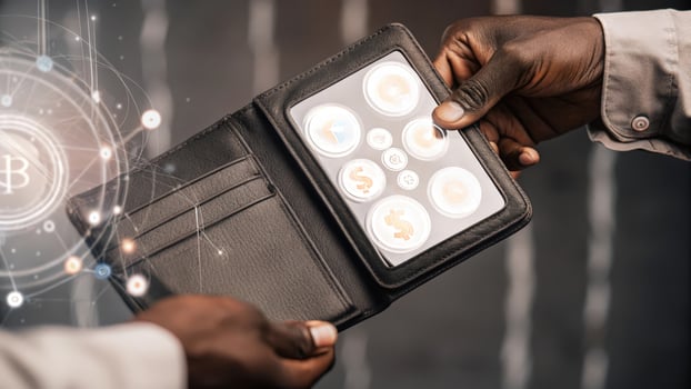 A closeup of a holographic wallet interface showcasing various cryptocurrencies with a pair of hands strategically selecting options in a dynamic digital environment.. photo