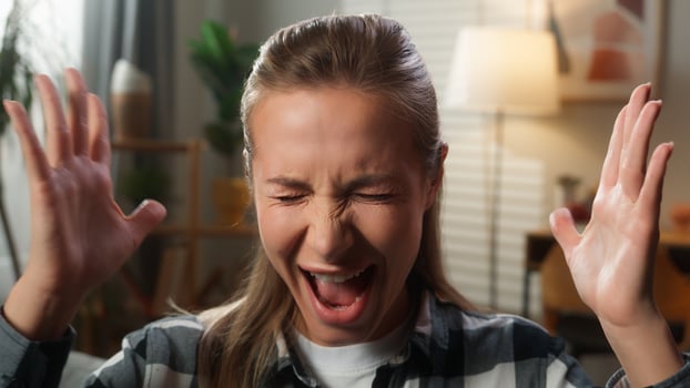 Portrait at home problem aggressive panic attack nervous irritated annoyed mad furious stressed Caucasian woman female girl lady bankruptcy divorce yelling shouting screaming rage looking at camera photo
