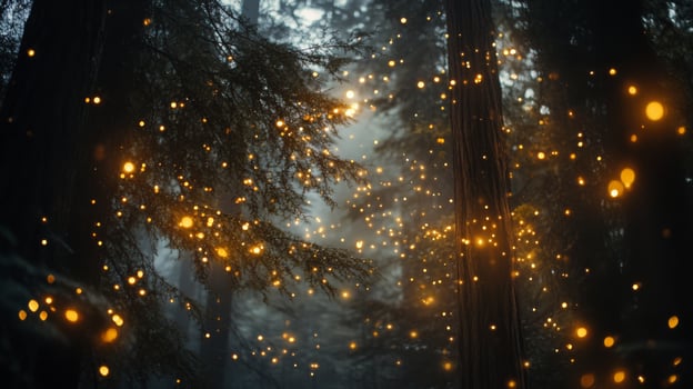 Enchanted forest illuminated with shimmering lights, a magical woodland atmosphere unfolds photo