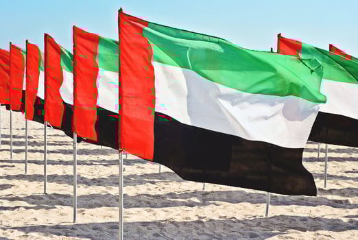 Waving flags of the United Arab Emirates fluttering in the wind. United Arab Emirates independence day concept photo