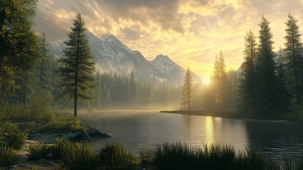 A beautiful mountain landscape with a lake and trees. The sun is setting, creating a warm and peaceful atmosphere photo