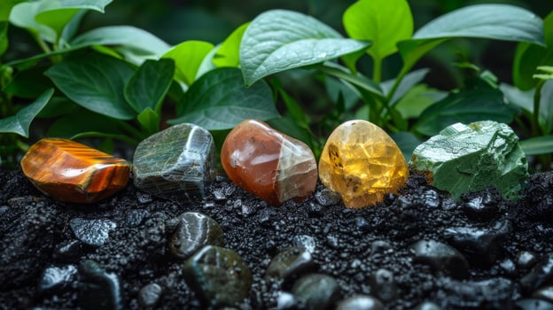 Healing crystals like jasper and tiger eye gently buried in rich dark soil. Reconnection with earth, energy charging photo