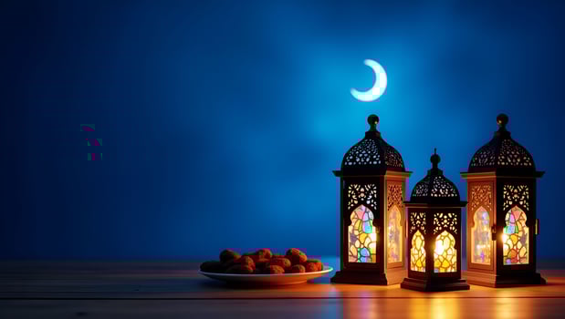 Ramadan Mubarak Night Scene with Crescent Moon and Candlelit Lanterns photo