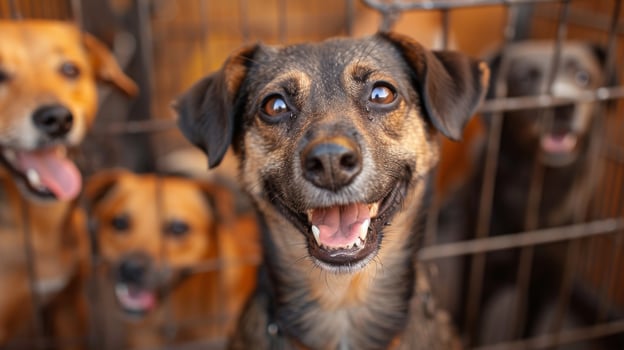 Group of mixed breed dogs in animal shelter. A smiling brown dog smiling friendly. Pet adoption, animal rescue photo