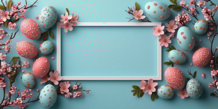 Colorful Easter eggs and flowers decorate a blue background for festive celebrations. photo