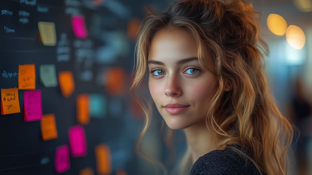 Young woman smiling at a creative workspace filled with colorful sticky notes in the background. photo