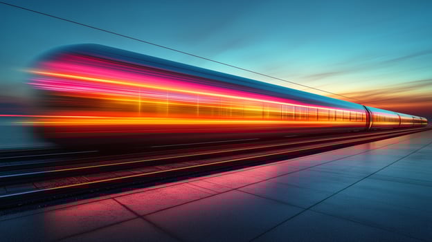 Vibrant high-speed train travels through an evening landscape near the city. photo
