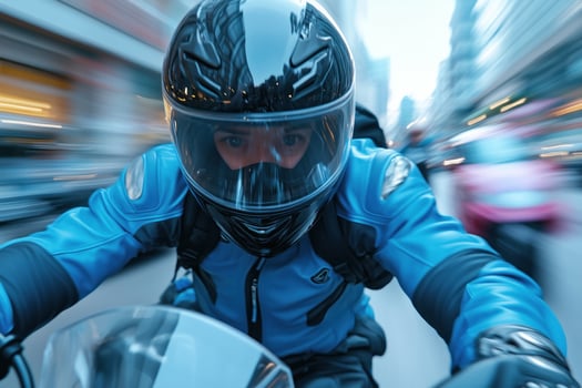 Motorcyclist in helmet on a motorbike in motion blur. photo