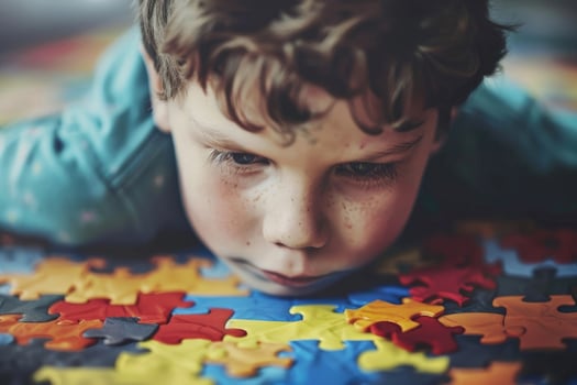 Child boy with autistic disorder on puzzle background photo