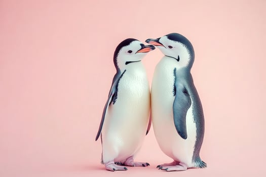 Cute penguins share a romantic moment against a dreamy pastel pink background in an enchanting portrayal of love and affection photo