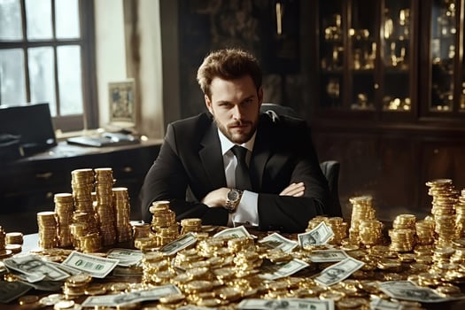Businessman sitting at desk covered with gold coins and us dollar banknotes photo