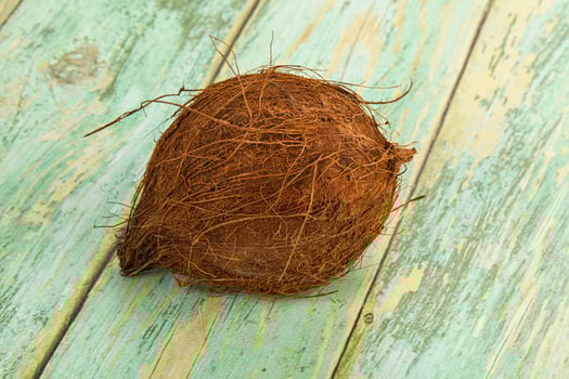 A coconut on a wooden table photo