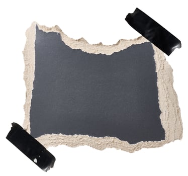 Torn piece of black cardboard attached to black piece of electrical tape, isolated background photo