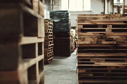 Wooden pallets stacked in warehouse storage area photo