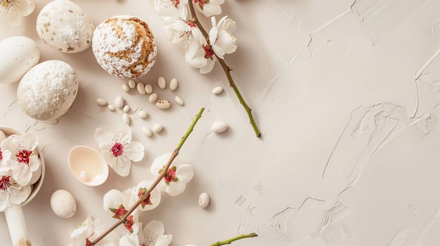 Cherry blossoms with Easter eggs Flat Lay holiday Mockup photo