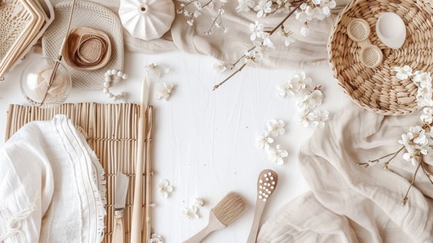 Cherry blossoms table Flat Lay Product photography photo