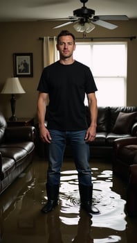 Man in waders stands amidst flooded living room with damaged furnishings photo