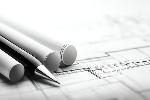 A close-up view of architectural blueprints with rolled plans and a pen, showcasing detailed construction designs and technical drawings essential for building projects. photo