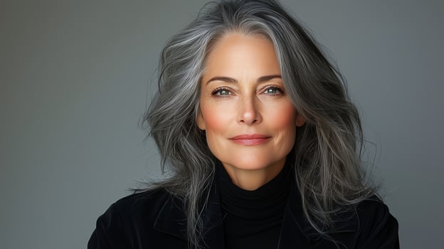 Close-up of confident mature woman with silver-gray hair, soft smile, and stylish black outfit, looking directly at the camera. A timeless beauty and elegance concept photo