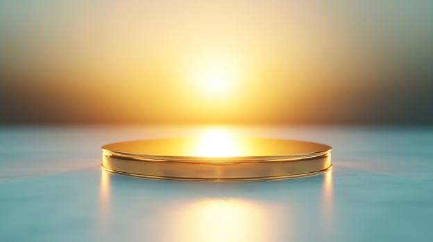 A golden coin illuminated by a warm sunrise, symbolizing value, investment, and opportunities. The soft glow enhances its appeal against a tranquil background. photo