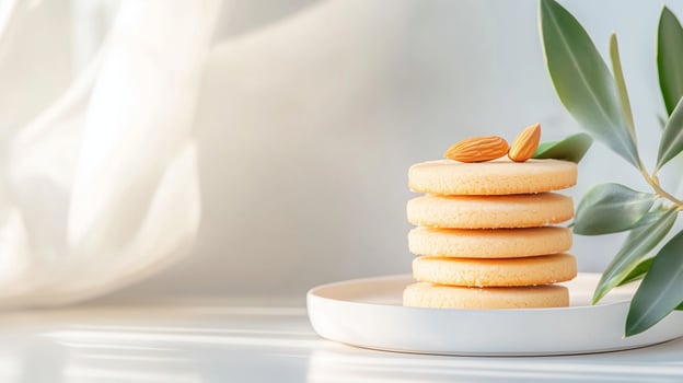 Stack of almond cookies on a white plate with soft sunlight and leafy decoration. photo