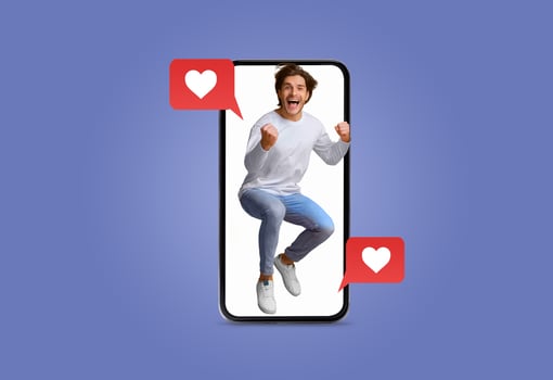 A person jumps with joy while holding a smartphone, expressing excitement over love messages on social media. Bright hearts symbolize affection in a vibrant collage. photo