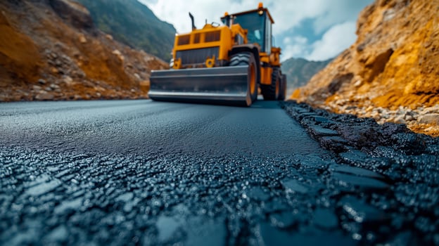 A bulldozer is driving on a road photo