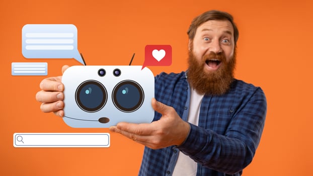A joyful man with a beard enthusiastically presents a friendly AI assistant. Vibrant orange background highlights the interaction, emphasizing the role of technology in daily life. photo
