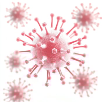 Close-up view of red virus particles on a white background, illustrating the microscopic structure of a viral pathogen. photo