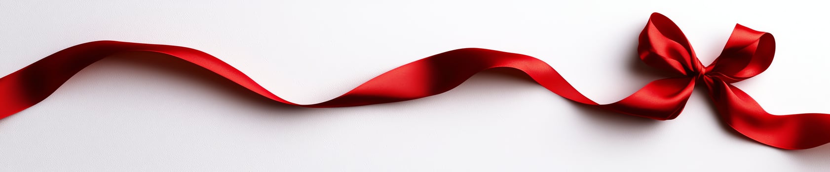 This elegant red ribbon lies gracefully on a smooth white background, perfect for celebrations, gifts, or festive decorations photo