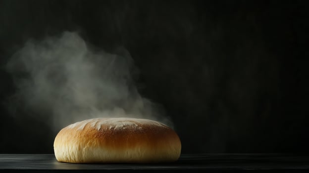 A round bread loaf with a golden crust placed on a wooden table against a dark background. 7 photo