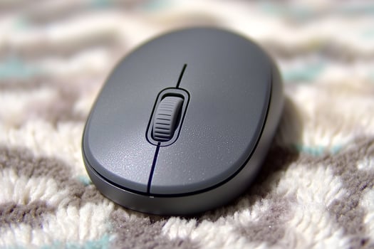 Close-Up View of a Gray Computer Mouse on a Textured Surface with Soft Colors and Patterns photo