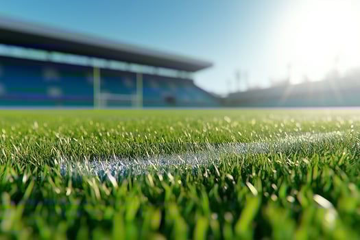 Lush Green Grass Field with Soccer Goalpost Under Bright Sunlight at Stadium Tribune photo