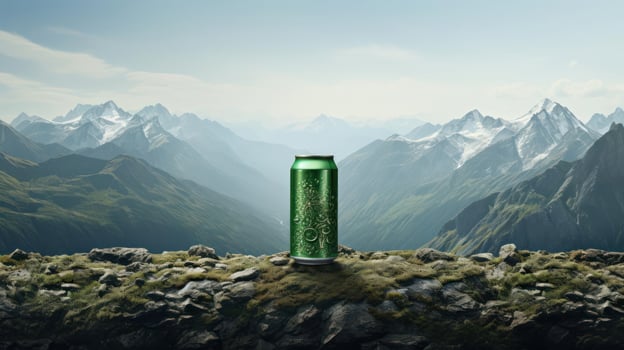 A green soda can on a grassy hill overlooking mountains photo