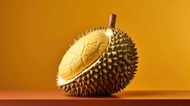 A durian fruit with spiky exterior and creamy interior photo