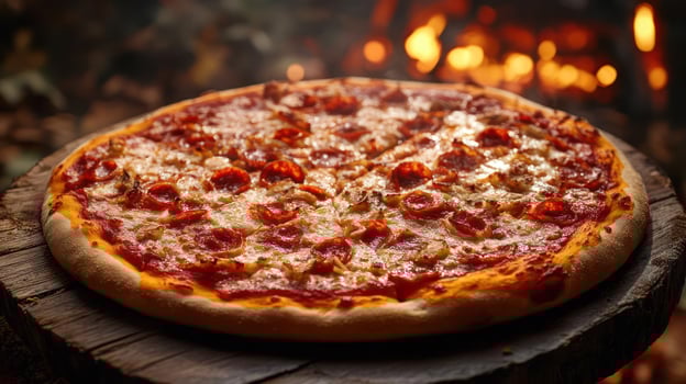 A large pepperoni pizza on a wooden board photo