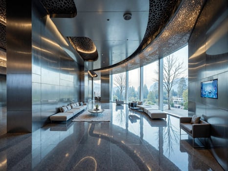 A modern lobby with a large glass wall photo