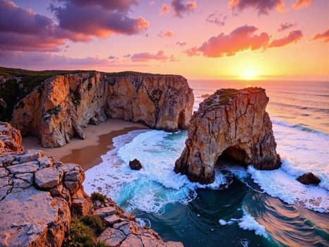 A beautiful sunset over the ocean and cliffs photo