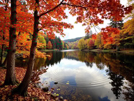 Autumn trees are reflected in the water of a lake photo