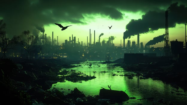 dystopian city with polluted river and industrial skyline photo
