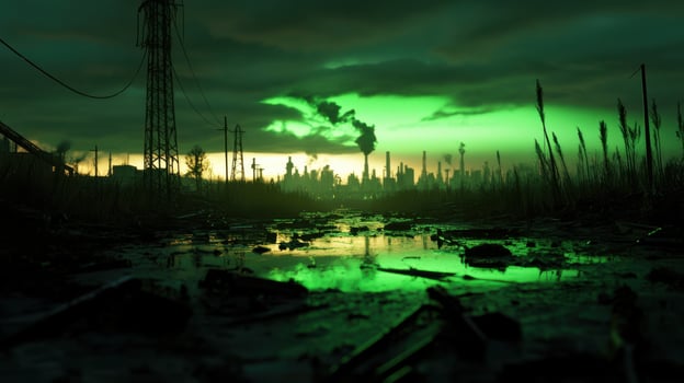 dystopian cityscape with green glow, polluted river, and industrial skyline photo