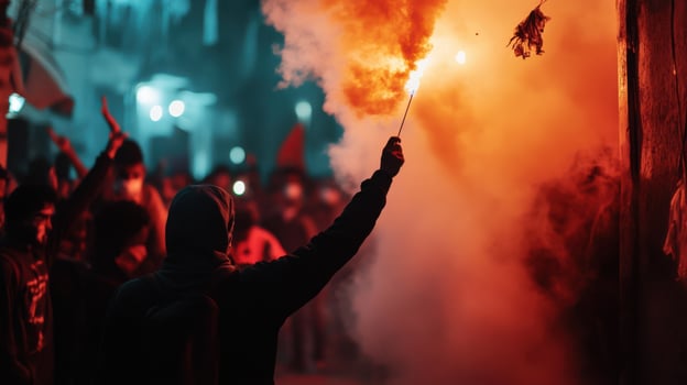 vibrant festival scene with people celebrating amidst smoke and flares photo