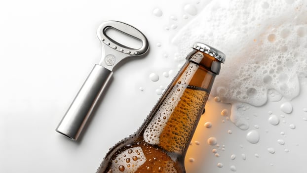 Bottle opener and beer bottle with foam and droplets on white background. photo