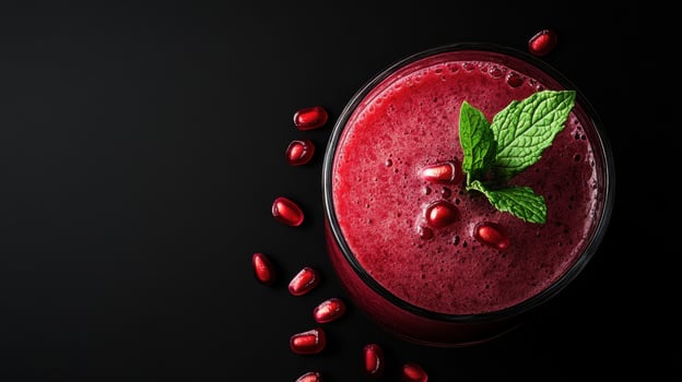 Pomegranate smoothie with mint leaves on black background photo