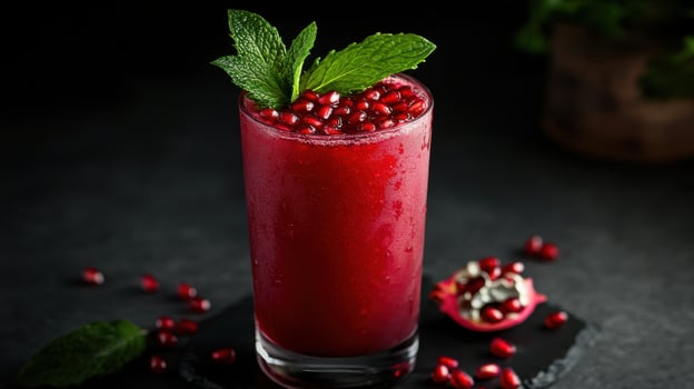 A glass of pomegranate juice with mint leaves photo