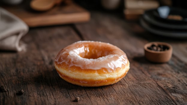 A glazed donut sitting on a wooden table photo