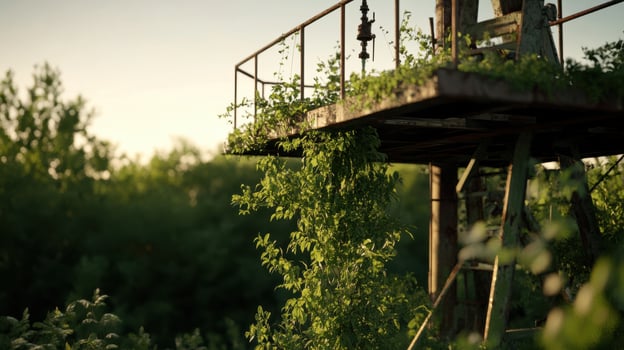 Futuristic abandoned oil drilling station overgrown with plants photo