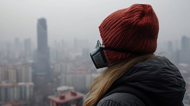 person wearing mask and red beanie gazes at foggy cityscape photo