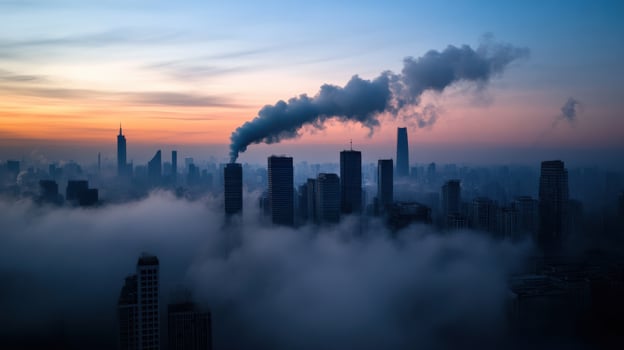 futuristic dystopian city shrouded in pollution and fog at sunset photo