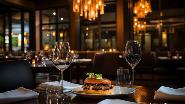 gourmet burger with truffle aioli served in stylish restaurant setting photo